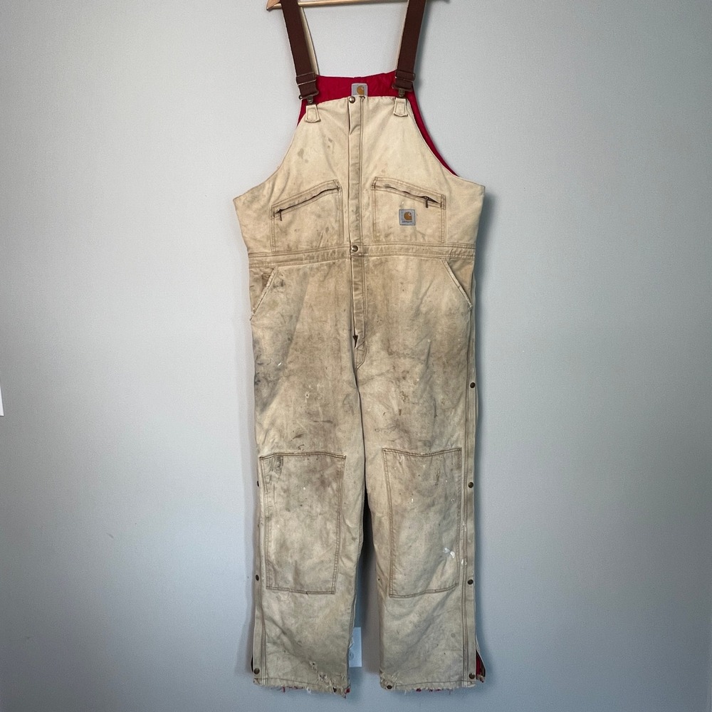 Carhartt Overalls Men 48x34 Tan Distressed Quilt Lined Duck Canvas Bibs Workwear